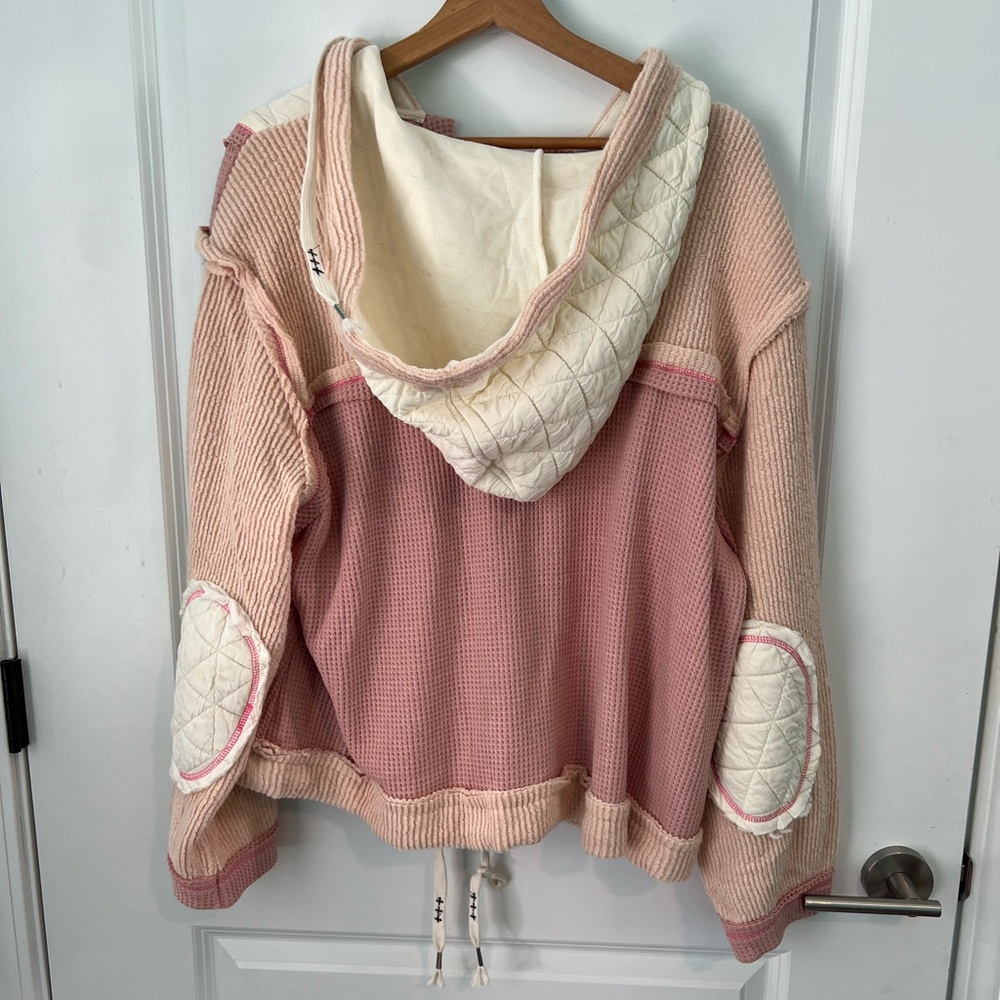 POL Mixed Fabric Hooded Button Down Shacket in Pink/Beige Size Medium - Picture 5 of 6